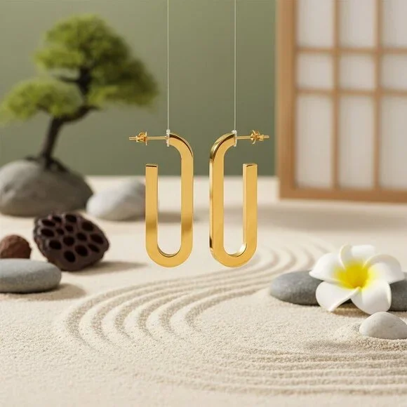 Sleek 18K Gold Plated Stainless Steel Modern U-Shape Statement Earrings - Picture 10 of 14